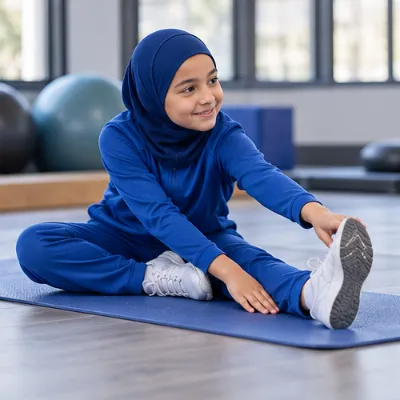 کودک ورزشکار در تمرین فیتنس با لباس پوشیده